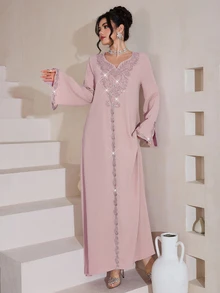 Al Najma Luxurious Embroidered & Beaded Loose Long Sleeve Split Maxi Dress, Turkish & Arabic Traditional Style - Pink - View 6