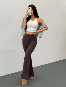 SHEIN PETITE 女款高腰瑜伽內搭褲 深棕色 秋季休閒端莊運動居家彈性喇叭褲 顯高顯瘦健身長褲 - 棕色 - 查看 12