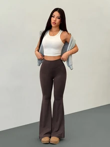 SHEIN PETITE 女款高腰瑜伽內搭褲 深棕色 秋季休閒端莊運動居家彈性喇叭褲 顯高顯瘦健身長褲 - 棕色 - 查看 8