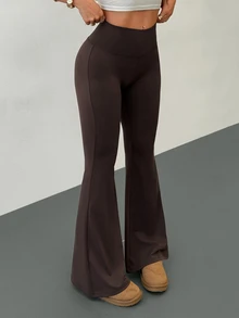 SHEIN PETITE 女款高腰瑜伽內搭褲 深棕色 秋季休閒端莊運動居家彈性喇叭褲 顯高顯瘦健身長褲 - 棕色 - 查看 7