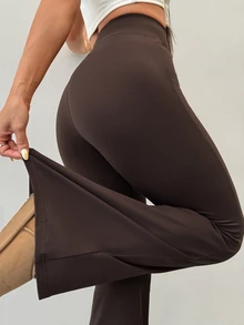SHEIN PETITE 女款高腰瑜伽內搭褲 深棕色 秋季休閒端莊運動居家彈性喇叭褲 顯高顯瘦健身長褲 - 棕色 - 查看 3