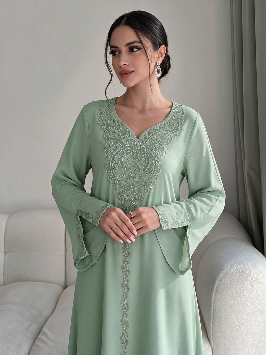 Al Najma 奢華刺繡串珠寬鬆長袖開衩長洋裝 土耳其阿拉伯傳統風格 莊重優雅 洗禮賓客穿著 鼠尾草綠 - 綠色 - 查看 1