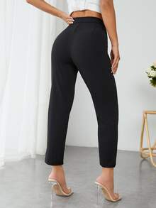 SHEIN PETITE High Waist Press Crease Tapered Black Summer Pants ,Petite Women - Black - View 2