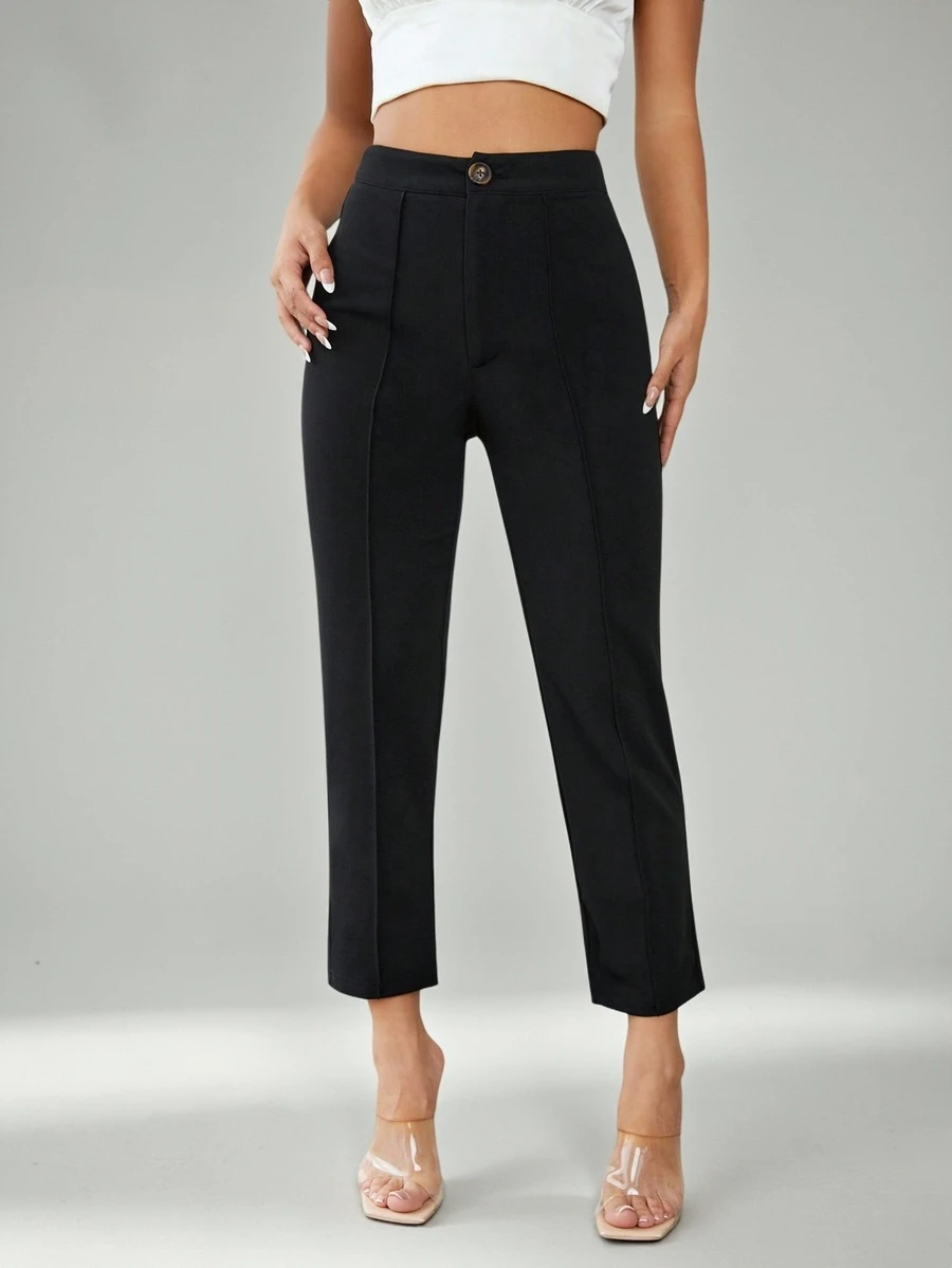 SHEIN PETITE High Waist Press Crease Tapered Black Summer Pants ,Petite Women - Black - View 1