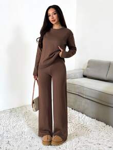 SHEIN PETITE ملابس نسائية بلون موحد، كنزة بياقة دائرية وأكمام طويلة وبنطلون، ملابس كاجوال عادية، خريف/شتاء، خريف، ملابس خريفية للنساء، شتاء، للنساء الصغيرات - بني - مشاهدة 8