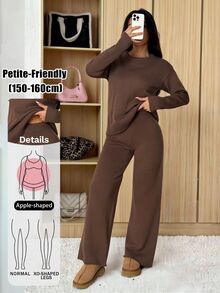 SHEIN PETITE ملابس نسائية بلون موحد، كنزة بياقة دائرية وأكمام طويلة وبنطلون، ملابس كاجوال عادية، خريف/شتاء، خريف، ملابس خريفية للنساء، شتاء، للنساء الصغيرات - بني - مشاهدة 4
