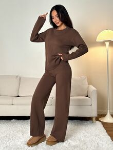 SHEIN PETITE ملابس نسائية بلون موحد، كنزة بياقة دائرية وأكمام طويلة وبنطلون، ملابس كاجوال عادية، خريف/شتاء، خريف، ملابس خريفية للنساء، شتاء، للنساء الصغيرات - بني - مشاهدة 5