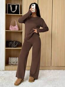 SHEIN PETITE ملابس نسائية بلون موحد، كنزة بياقة دائرية وأكمام طويلة وبنطلون، ملابس كاجوال عادية، خريف/شتاء، خريف، ملابس خريفية للنساء، شتاء، للنساء الصغيرات - بني - مشاهدة 12