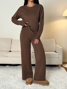 SHEIN PETITE ملابس نسائية بلون موحد، كنزة بياقة دائرية وأكمام طويلة وبنطلون، ملابس كاجوال عادية، خريف/شتاء، خريف، ملابس خريفية للنساء، شتاء، للنساء الصغيرات - بني - مشاهدة 6