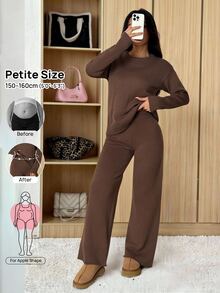 SHEIN PETITE ملابس نسائية بلون موحد، كنزة بياقة دائرية وأكمام طويلة وبنطلون، ملابس كاجوال عادية، خريف/شتاء، خريف، ملابس خريفية للنساء، شتاء، للنساء الصغيرات - بني - مشاهدة 11
