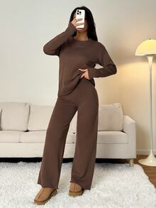 SHEIN PETITE ملابس نسائية بلون موحد، كنزة بياقة دائرية وأكمام طويلة وبنطلون، ملابس كاجوال عادية، خريف/شتاء، خريف، ملابس خريفية للنساء، شتاء، للنساء الصغيرات - بني - مشاهدة 10