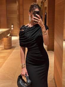 Lumalex Elegant Black Elastic Knit Contrast Mesh Mermaid Hem Dress,Luxurious Asymmetric Ruffled Shoulder,Floral Applique & Beaded,Evening Party Wedding Gala - Black - View 3