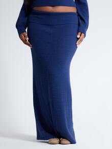 MUSERA Plus Size Blue Knit Low Rise Foldover Maxi Skirt Fall Autumn Winter Women Outfit Day Outfit Casual - Dark Green - View 2