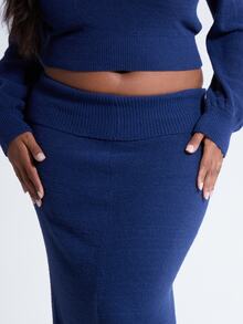 MUSERA Plus Size Blue Knit Low Rise Foldover Maxi Skirt Fall Autumn Winter Women Outfit Day Outfit Casual - Dark Green - View 5