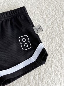 SHEIN 新生男宝宝休闲运动可爱百搭字母印花短袖宽松T恤和短裤套装 - 白色 - 查看 4