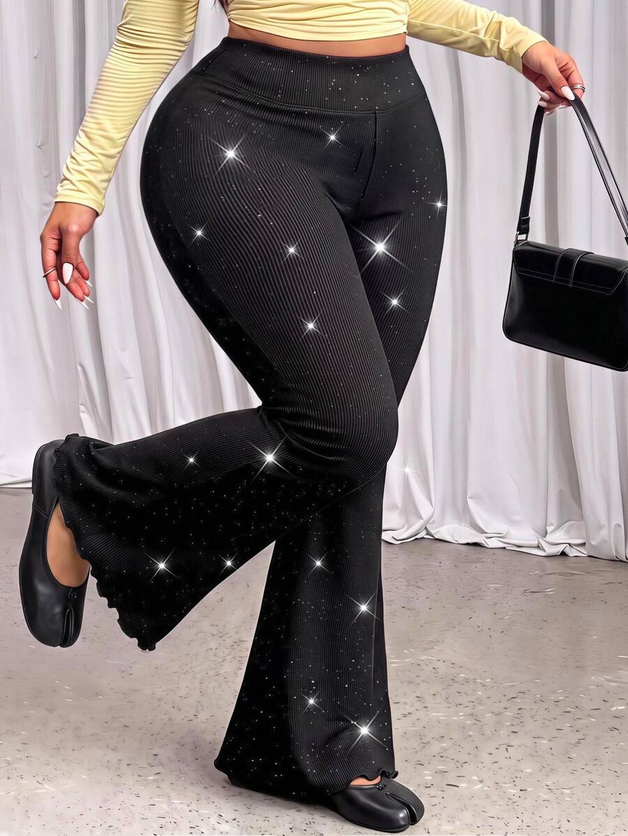 GalTyme Plus Size Women's Shiny High Waist Fashion Flare Pants Fall - Multicolor - View 1