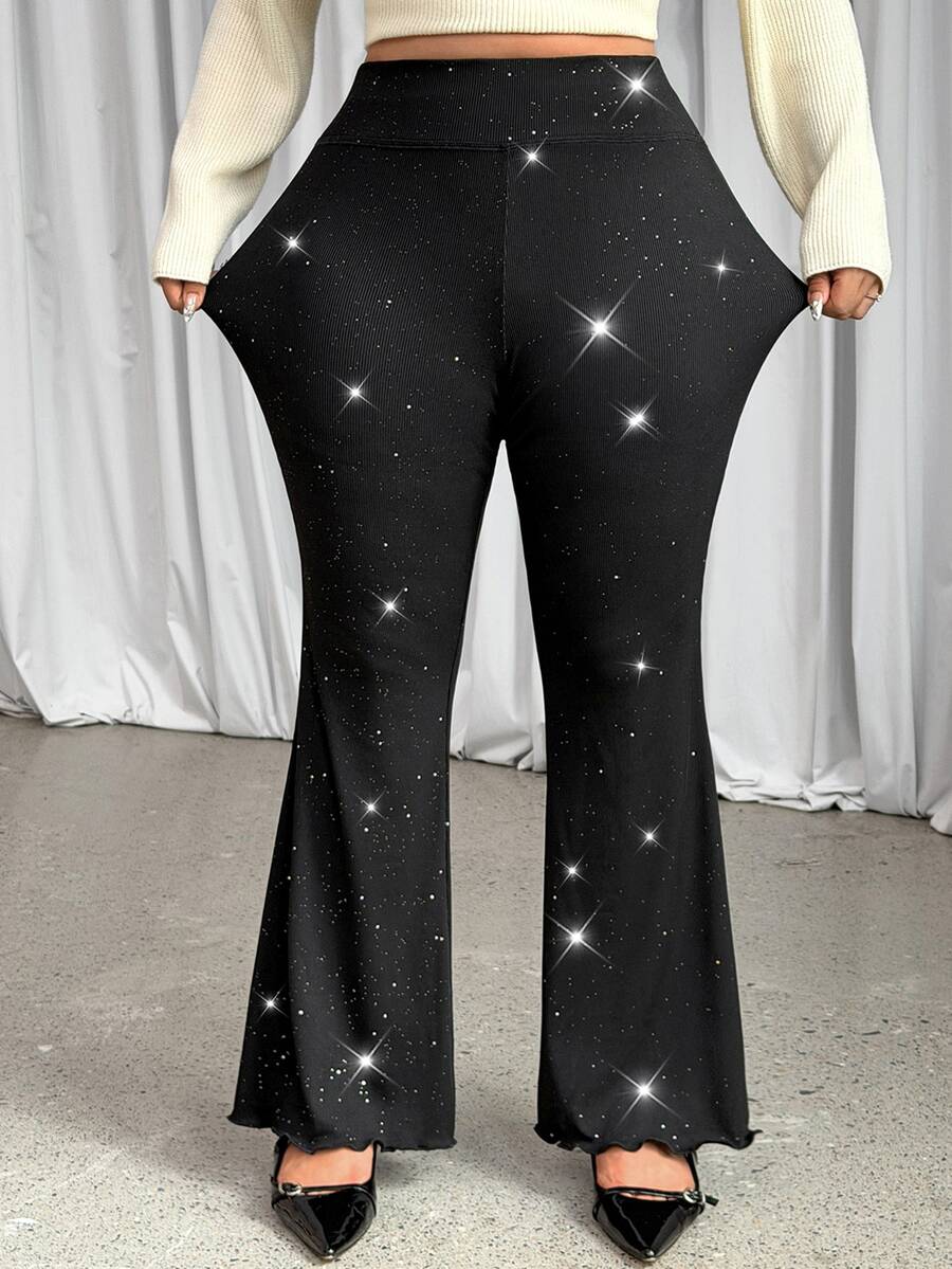 GalTyme Plus Size Women's Shiny High Waist Fashion Flare Pants Fall - Multicolor - View 1