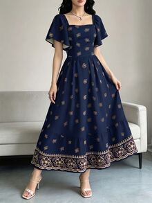 Modelyn 桃色花卉印花優雅紫色洋裝，女款時尚方領泡泡袖短袖洋裝，下擺荷葉邊飾度假風洋裝 - 彩色 - 查看 4