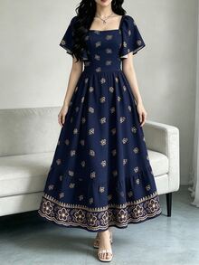 Modelyn 桃色花卉印花優雅紫色洋裝，女款時尚方領泡泡袖短袖洋裝，下擺荷葉邊飾度假風洋裝 - 彩色 - 查看 2