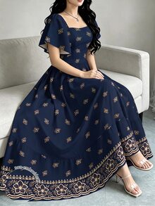 Modelyn 桃色花卉印花優雅紫色洋裝，女款時尚方領泡泡袖短袖洋裝，下擺荷葉邊飾度假風洋裝 - 彩色 - 查看 1