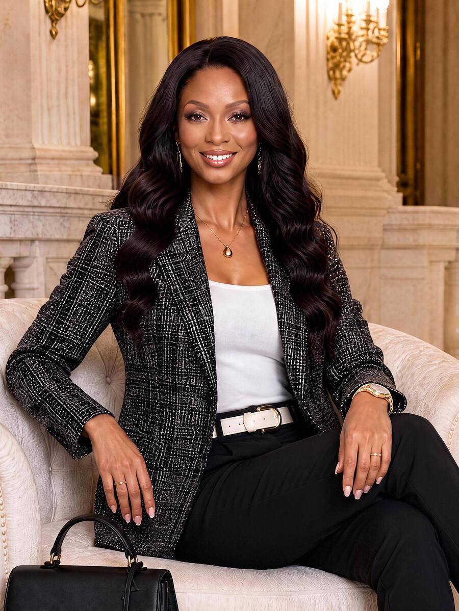 Fleurora Black And Silver Tweed Blazer For Women, Long Sleeve Tailored Jacket Woven Texture Single-Breasted Elegant Business Casual Cocktail Office Fall - Black and White - View 1