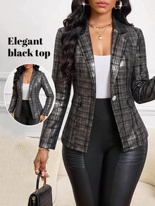 Fleurora Black And Silver Tweed Blazer For Women, Long Sleeve Tailored Jacket Woven Texture Single-Breasted Elegant Business Casual Cocktail Office Fall - Black and White - View 5