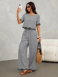 SHEIN PETITE 2件組女款夏季休閒黑白格紋對比色圓領短袖上衣與長褲套裝 - 黑與白 - 查看 8