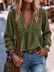 LanaWest Women's Deep V-Neck Pleated Casual Daily Wear Blouse - Army Green - View 2