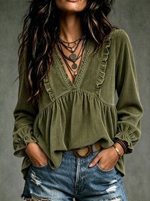 LanaWest Women's Deep V-Neck Pleated Casual Daily Wear Blouse - Army Green - View 4