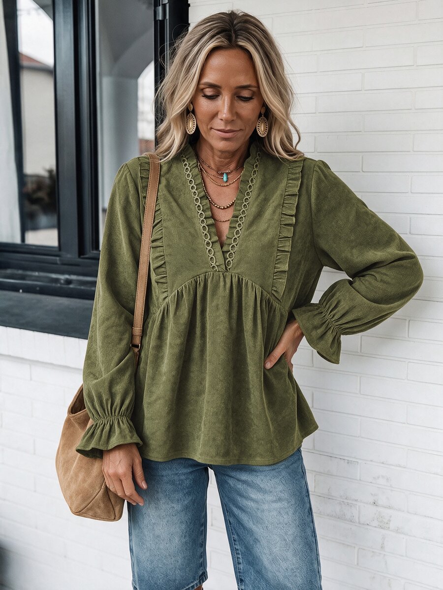 LanaWest Women's Deep V-Neck Pleated Casual Daily Wear Blouse - Army Green - View 1