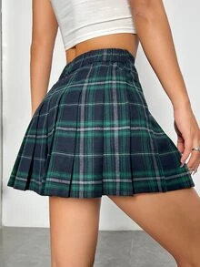 SHEIN PETITE Women's Plaid Pleated Skirt ,Petite Women - Green - View 2
