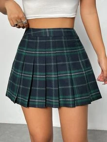 SHEIN PETITE Women's Plaid Pleated Skirt ,Petite Women - Green - View 5