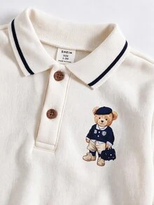 SHEIN Newborn Baby Boy Casual Cute College Style Cartoon Collar Sweatshirt And Elastic Waist Long Autumn Winter Pants Set - Royal Blue - View 2