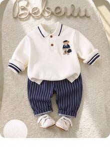 SHEIN Newborn Baby Boy Casual Cute College Style Cartoon Collar Sweatshirt And Elastic Waist Long Autumn Winter Pants Set - Royal Blue - View 1