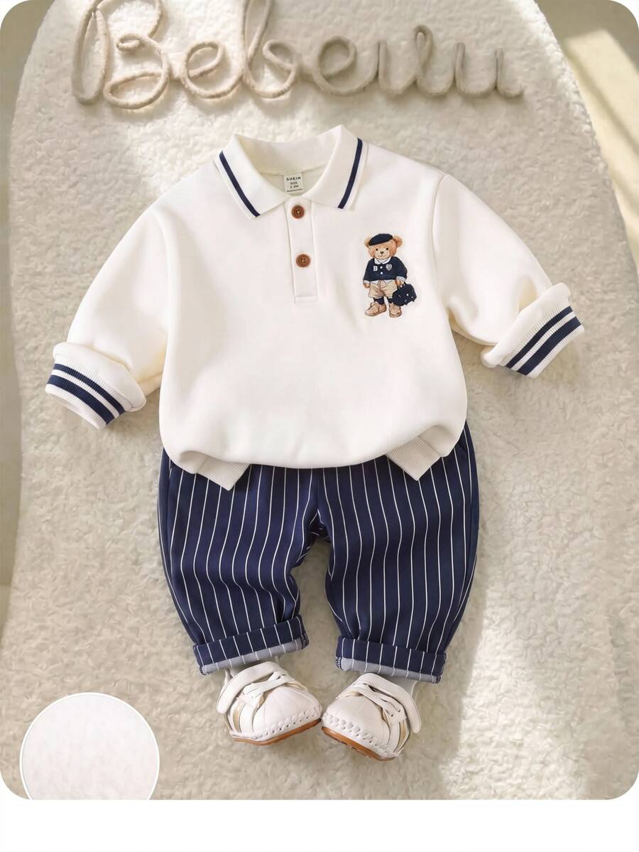 SHEIN Newborn Baby Boy Casual Cute College Style Cartoon Collar Sweatshirt And Elastic Waist Long Autumn Winter Pants Set - Royal Blue - View 1