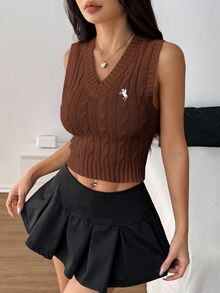 SHEIN PETITE Women's Casual Versatile Commuting Knit Sweater Vest, Fall, Petite Women - Coffee Brown - View 8