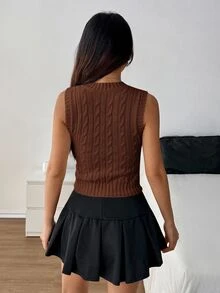 SHEIN PETITE Women's Casual Versatile Commuting Knit Sweater Vest, Fall, Petite Women - Coffee Brown - View 2