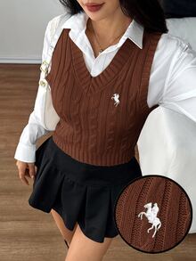 SHEIN PETITE Women's Casual Versatile Commuting Knit Sweater Vest, Fall, Petite Women - Coffee Brown - View 9