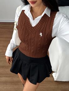 SHEIN PETITE Women's Casual Versatile Commuting Knit Sweater Vest, Fall, Petite Women - Coffee Brown - View 10