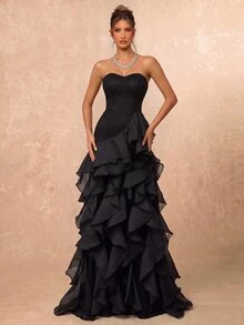Lumalex Elegant Luxury Asymmetric Neck Fishbone Shaping Organza Ruffle Fishtail Hem Maxi Dress,Suitable For Weddings,Galas,Business Banquets & Holiday Events - Multicolor - View 10