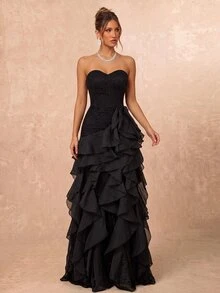Lumalex Elegant Luxury Asymmetric Neck Fishbone Shaping Organza Ruffle Fishtail Hem Maxi Dress,Suitable For Weddings,Galas,Business Banquets & Holiday Events - Multicolor - View 5
