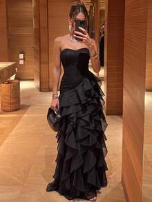Lumalex Elegant Luxury Asymmetric Neck Fishbone Shaping Organza Ruffle Fishtail Hem Maxi Dress,Suitable For Weddings,Galas,Business Banquets & Holiday Events - Multicolor - View 3