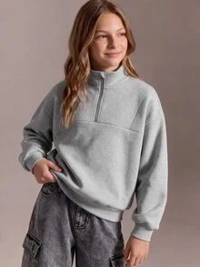 SHEIN 秋冬女款英文印花連帽拉鍊外套，黑色字母印花街頭風休閒Y2K，防寒針織面料，適合校園穿著 - 灰色 - 查看 3
