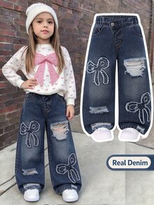 SHEIN Girls' Summer Washed Versatile Loose Fashion Comfortable Soft Premium Cotton Fabric With Personalized Distressed Design, Heart Element Applique Embroidery Decoration, Asymmetrical Waistband Mid-Blue Washed Denim Color, Thin Denim Long Pants For Spring And Summer - Dark Wash - View 1