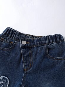 SHEIN Girls' Summer Washed Versatile Loose Fashion Comfortable Soft Premium Cotton Fabric With Personalized Distressed Design, Heart Element Applique Embroidery Decoration, Asymmetrical Waistband Mid-Blue Washed Denim Color, Thin Denim Long Pants For Spring And Summer - Dark Wash - View 4