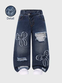 SHEIN Girls' Summer Washed Versatile Loose Fashion Comfortable Soft Premium Cotton Fabric With Personalized Distressed Design, Heart Element Applique Embroidery Decoration, Asymmetrical Waistband Mid-Blue Washed Denim Color, Thin Denim Long Pants For Spring And Summer - Dark Wash - View 5