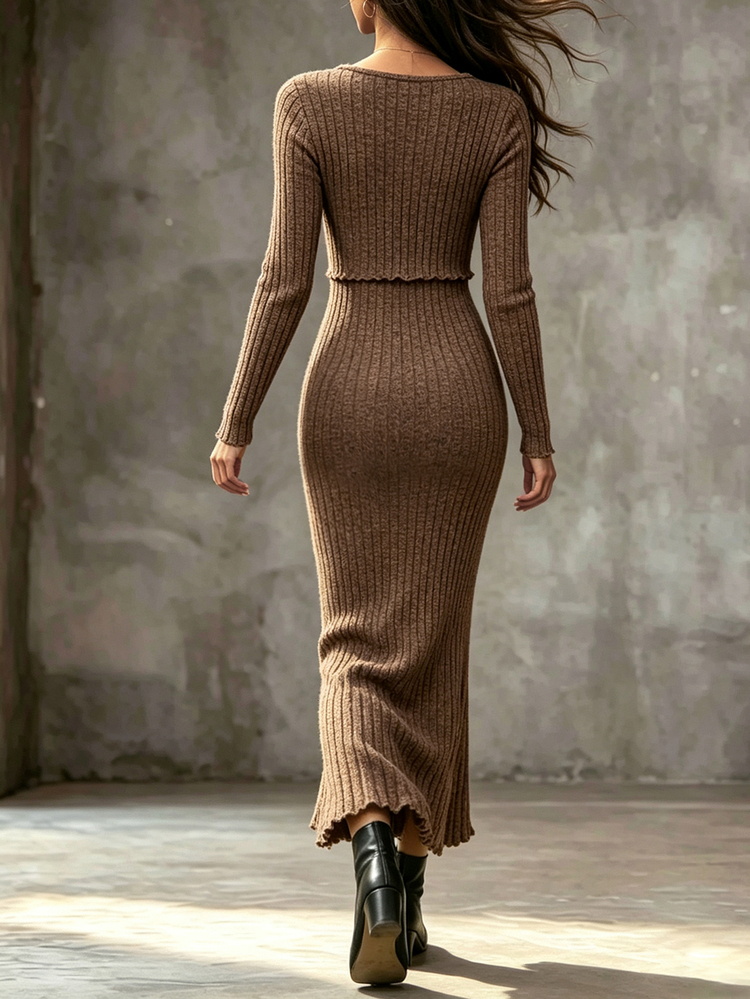 Trelyra Women's 2 Pieces Set, Brushed Ribbed Shades Of Brown Long Sleeve Cardigan Cami Dress, Casual Home Wear, Fall/ Brunch Everyday Date Thanksgiving - Brown - View 2