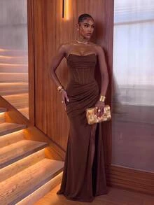 Lumalex Glamorous Sexy Strapless Neckline Decor Bra Cup Boned Bodycon Fish Tail Slit Maxi Dress, Evening Gown - Brown - View 1