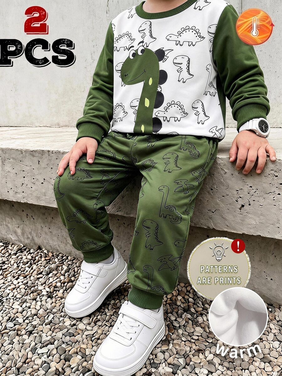 Genkimix Kids 男童全滿版恐龍印花圓領運動衫與慢跑長褲 2件組保暖休閒運動套裝，適合秋冬日常穿著 - 綠色 - 查看 1