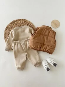 Newborn Baby Girl Cute Casual Knit Khaki Long Sleeve Sweatshirt, Pants And Fleece Winter Jacket Set Neutral - Khaki - View 2